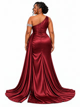 ChicSew One Shoulder Side Slit Ruching Mermaid Soft Satin Long Bridesmaid Dresses