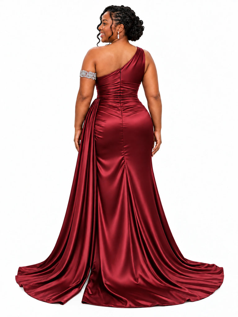 ChicSew One Shoulder Side Slit Ruching Mermaid Soft Satin Long Bridesmaid Dresses