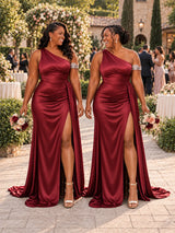 ChicSew One Shoulder Side Slit Ruching Mermaid Soft Satin Long Bridesmaid Dresses