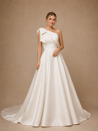ChicSew Classy One Shoulder Bow Knot Satin A-Line Maxi Long Wedding Dress