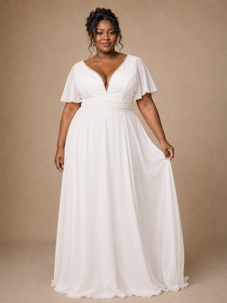 ChicSew Elegant V-Neck Chiffon Flutter Sleeves A-Line Floor-Length Wedding Dress