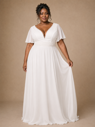 ChicSew Elegant V-Neck Chiffon Flutter Sleeves A-Line Floor-Length Wedding Dress