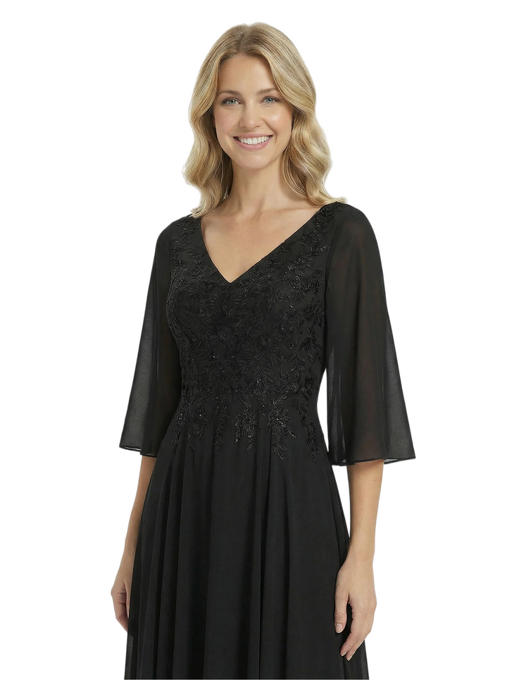 Chicsew Elegant V-Neck 3/4 Sleeves A-Line Lace Appliques Chiffon Mother Of The Bride Dress