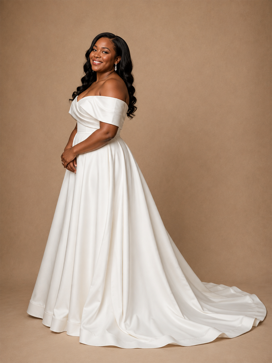 ChicSew Elegant Off The Shoulder Ruching Sleeveless Long A-Line Satin Wedding Dress
