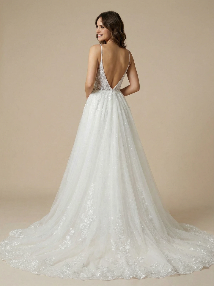 Mermaid Spaghetti Straps V-Neck Lace Maxi Long Wedding Dresses With Detachable Skirt