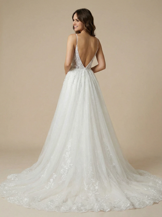 Mermaid Spaghetti Straps V-Neck Lace Maxi Long Wedding Dresses With Train