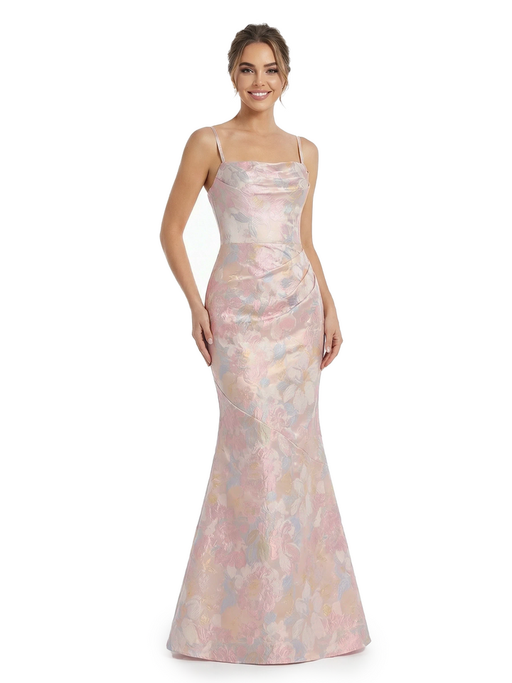 ChicSew Fancy Jacquard Satin Spaghetti Straps Mermaid Criss-Cross Long Formal Evening Dresses