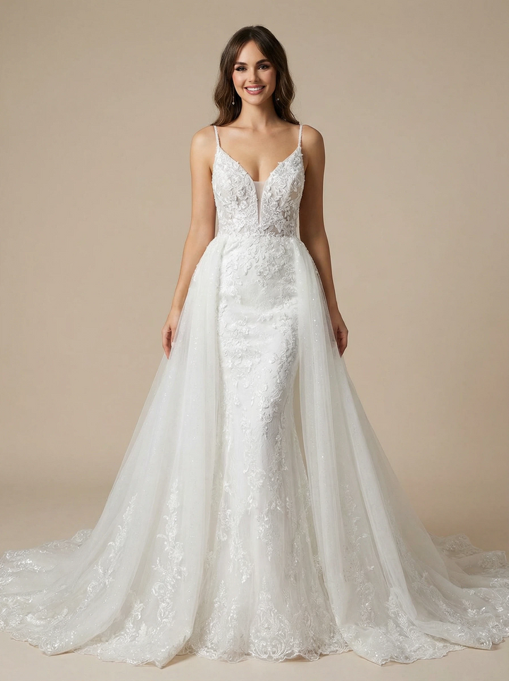 Mermaid Spaghetti Straps V-Neck Lace Maxi Long Wedding Dresses With Detachable Skirt