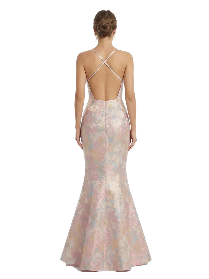 ChicSew Fancy Jacquard Satin Spaghetti Straps Mermaid Criss-Cross Long Formal Evening Dresses