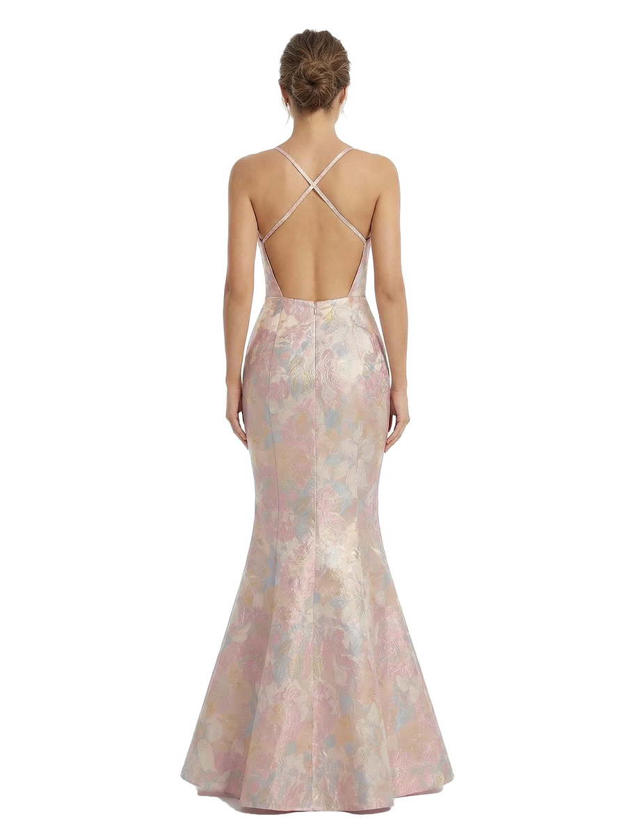 ChicSew Fancy Jacquard Satin Spaghetti Straps Mermaid Criss-Cross Long Formal Evening Dresses