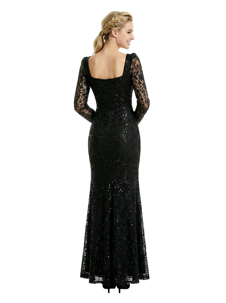 ChicSew Evening Gowns With Sleeves Sparkly Square Long Sleeves Sequin Mermaid Floor Length Prom Dress