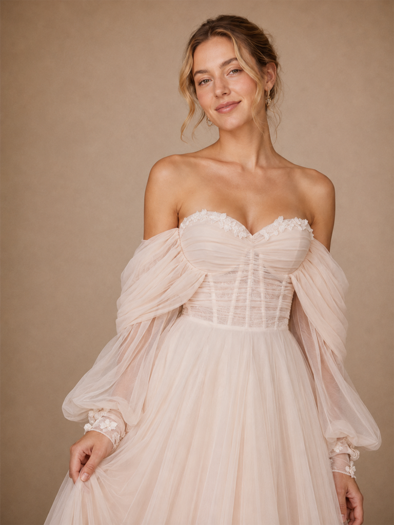 ChicSew Classy Sweetheart Boning 3/4 Sleeveless Tulle A-Line Maxi Long Wedding Dress