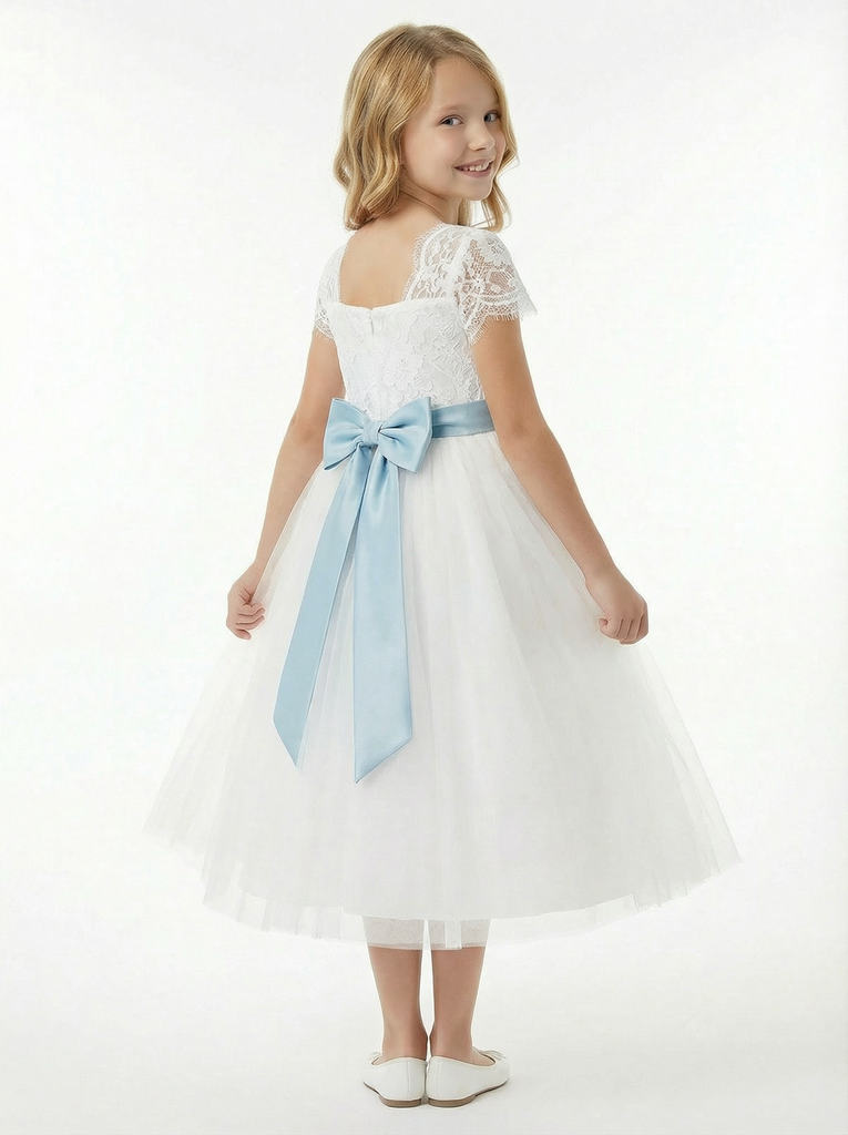 Lace Flower Girl Dress for Wedding with Round Neck Short Sleeves Tulle A Line Formal Gown