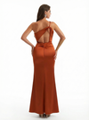 Modern Mermaid One Shoulder Open Back Ruched Satin Long Formal Evening Dresses With Slit