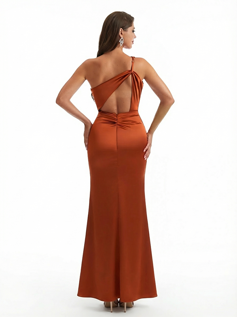 Modern Mermaid One Shoulder Open Back Ruched Satin Long Formal Evening Dresses With Slit