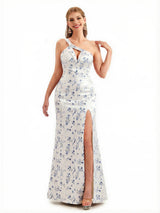Beautiful One Shoulder Side Slit Mermaid Floral Satin Maxi Floral Formal Dresses For Women