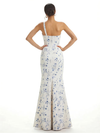 Elegant One Shoulder Side Slit Mermaid Floral Satin Maxi Floral Formal Dresses For Women