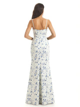 Elegant Spaghetti Straps Side Slit Mermaid Floral Satin Maxi Floral Formal Dresses For Women