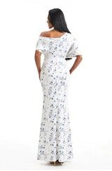 Elegant Half Sleeves Side Slit Mermaid Floral Satin Maxi Floral Formal Dresses For Women