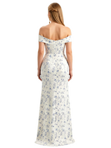 Simple Off Shoulder Side Slit Mermaid Long Satin Floral Formal Evening Dresses For Ladies