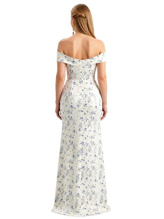 Simple Off Shoulder Side Slit Mermaid Long Satin Floral Formal Evening Dresses For Ladies