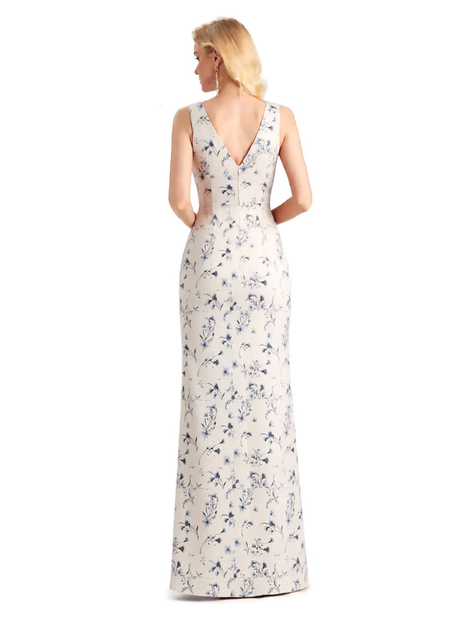 Beautiful Mermaid V-Neck Floral Satin Maxi Floral Formal Dresses For Women