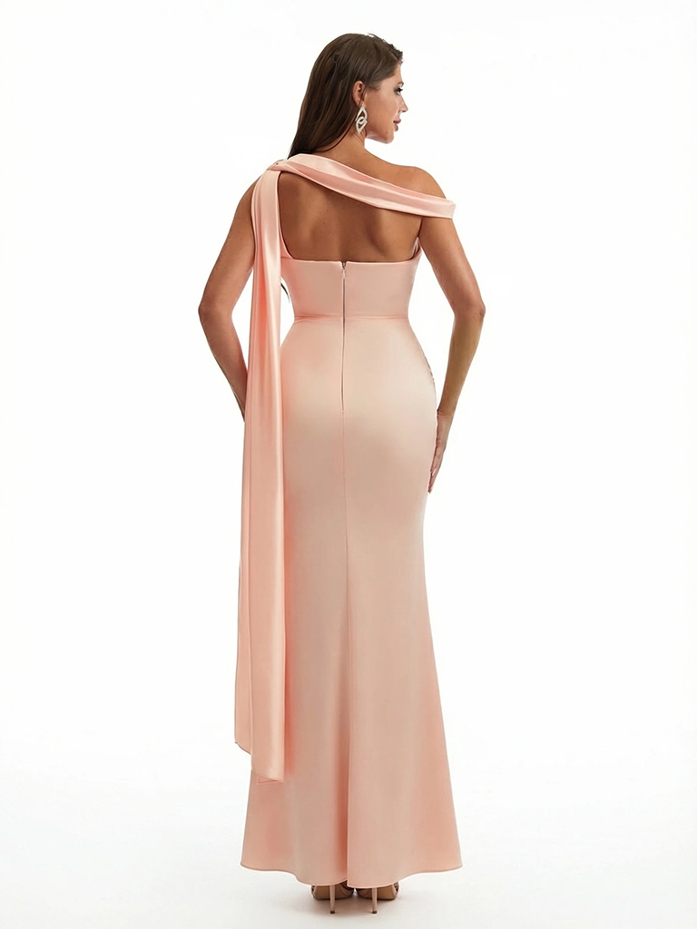 Trendy Asymmetrical Mermaid Soft Satin Long Elegant Evening Dresses Side Slit