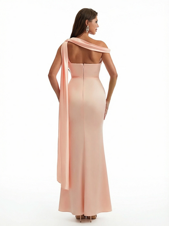 Trendy Asymmetrical Mermaid Soft Satin Long Elegant Evening Dresses Side Slit