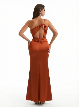 Modern Mermaid One Shoulder Open Back Ruched Satin Long Formal Evening Dresses With Slit