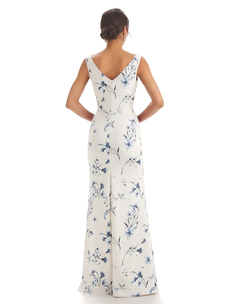 Trendy V-Neck Mermaid Floral Satin Maxi Floral Formal Evening Dresses For Women