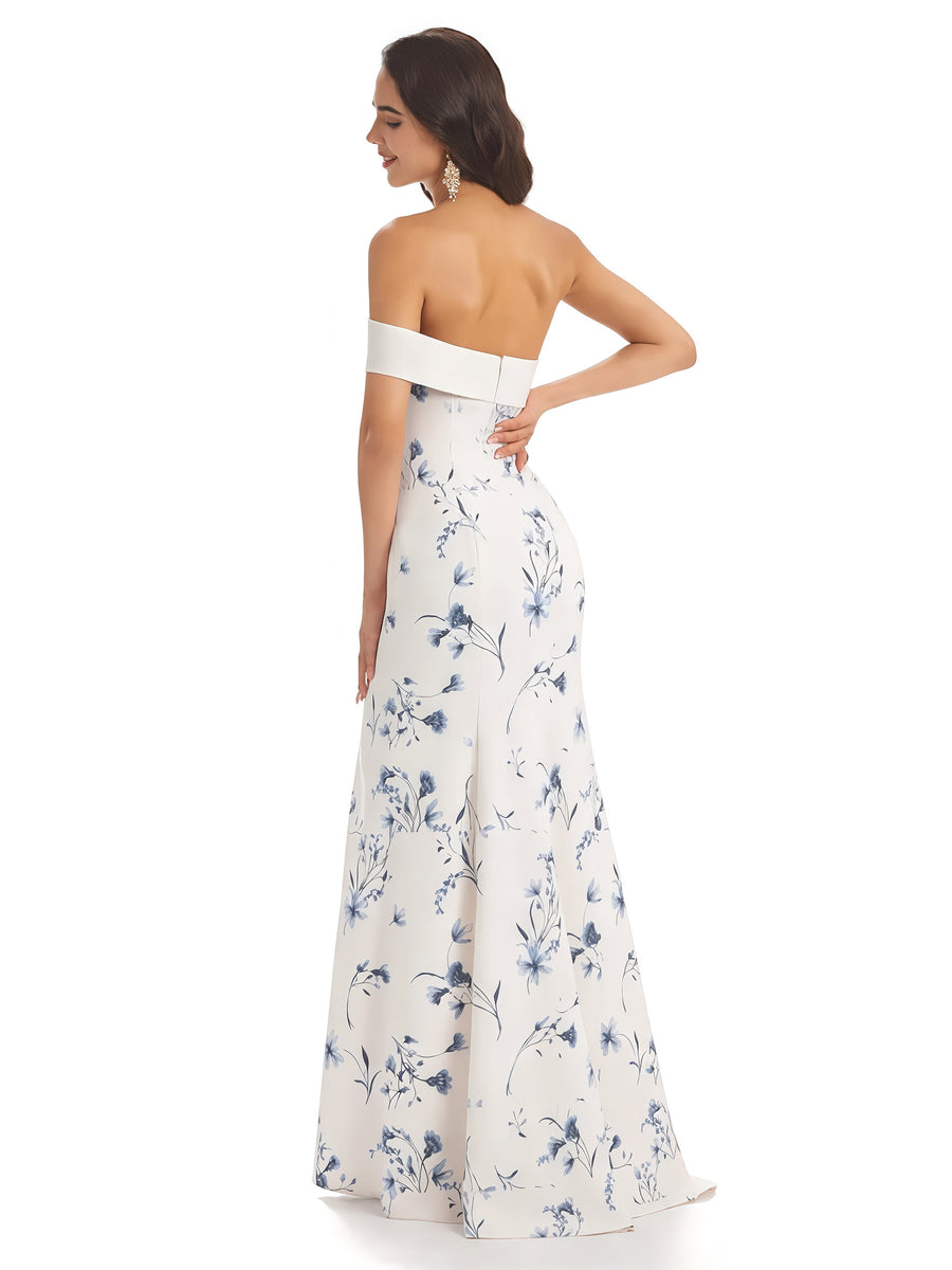 Sexy One Shoulder Sleeveless Mermaid Long Satin Floral Formal Dresses For Women