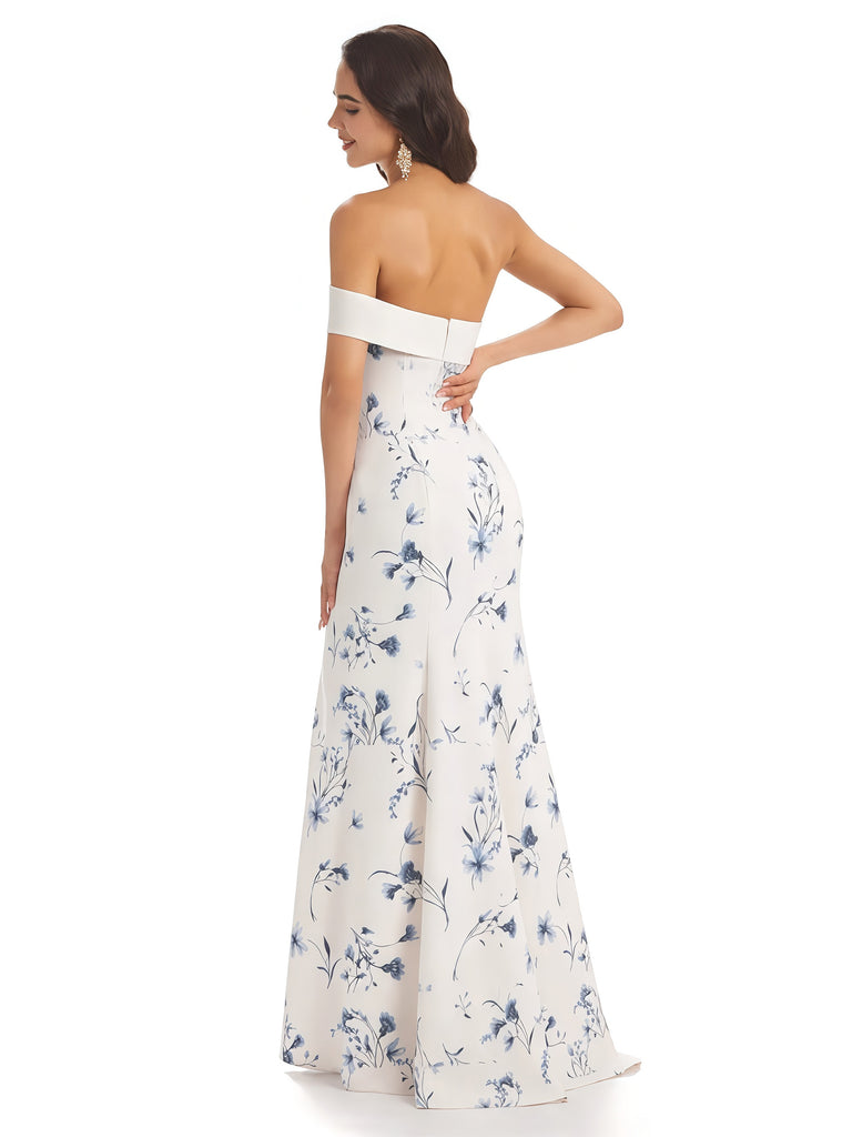 Sexy One Shoulder Sleeveless Mermaid Long Satin Floral Formal Dresses For Women