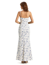 Simple One Shoulder Side Slit Sleeveless Mermaid Floral Satin Maxi Floral Formal Dresses For Women