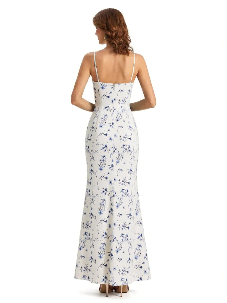 Simple One Shoulder Side Slit Sleeveless Mermaid Floral Satin Maxi Floral Formal Dresses For Women