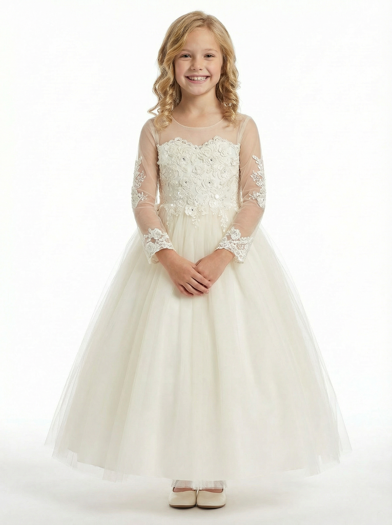 Sheer Long Sleeve Embroidered Lace Ball Gown Ankle Length Flower Girl Dress