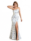 Elegant Strapless Side Slit Mermaid Long Satin Floral Formal Dresses For Women