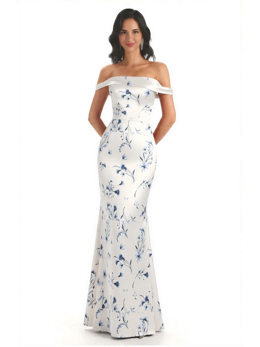 Trendy Off Shoulder Mermaid Floral Satin Maxi Floral Evening Formal Dresses