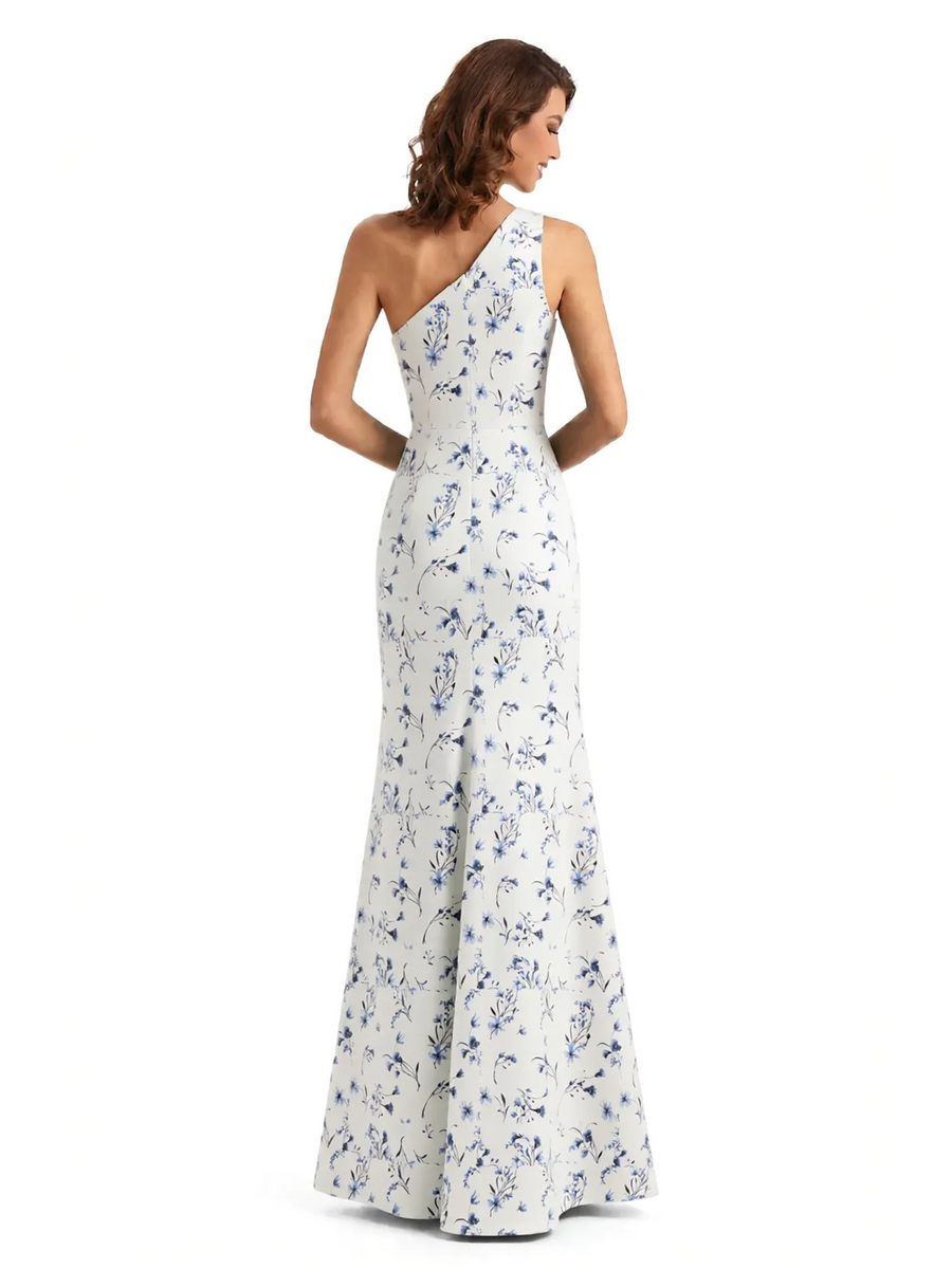 Simple One Shoulder Side Slit Mermaid Floral Satin Maxi Floral Formal Dresses For Women