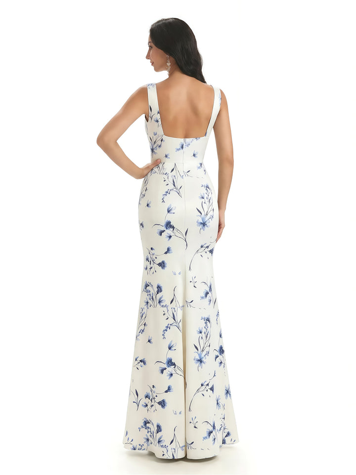 Elegant Spaghetti Straps Square Mermaid Long Satin Floral Formal Evening Dresses For Ladies