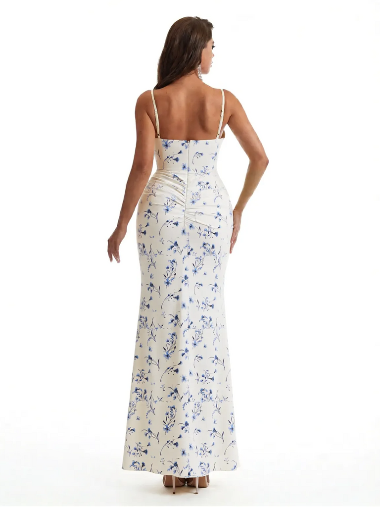 Simple Spaghetti Straps Slit Mermaid Floral Satin Maxi Floral Formal Dresses For Women