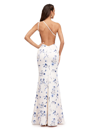 Elegant One Shoulder Mermaid Floral Satin Maxi Floral Formal Dresses For Women