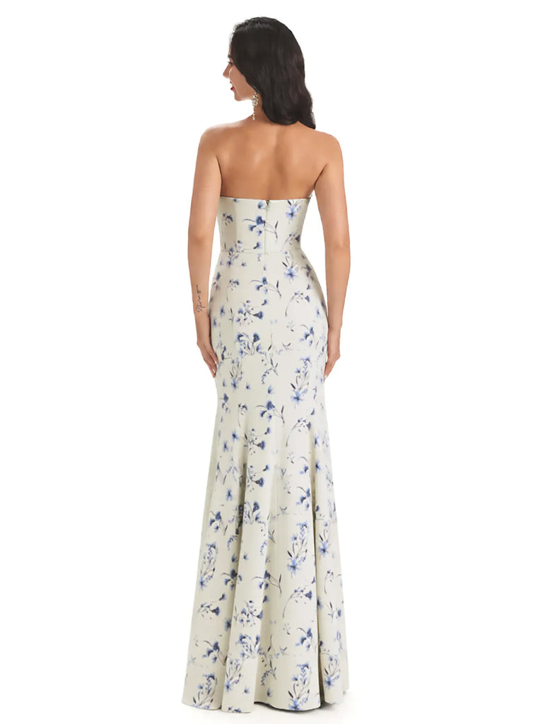 Sexy Sweetheart Side Slit Mermaid Long Satin Floral Formal Dresses For Women