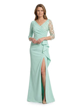 Chicsew V-Neck 3/4 Sleeve Ruffled Mermaid Floor Length Stretch Crepe Floral Embroidered Fancy Mother of the Bride Dresses