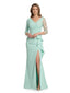 Chicsew V-Neck 3/4 Sleeve Ruffled Mermaid Floor Length Stretch Crepe Floral Embroidered Fancy Mother of the Bride Dresses