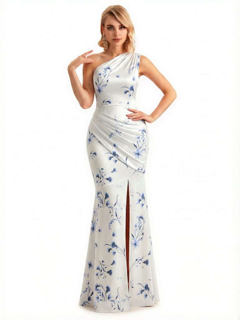 Sexy One Shoulder Side Slit Mermaid Long Satin Floral Formal Dresses For Women