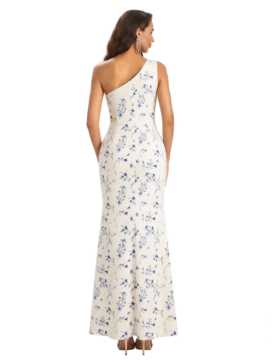 Elegant One Shoulder Mermaid Side Slit Floral Satin Maxi Floral Formal Dresses For Women