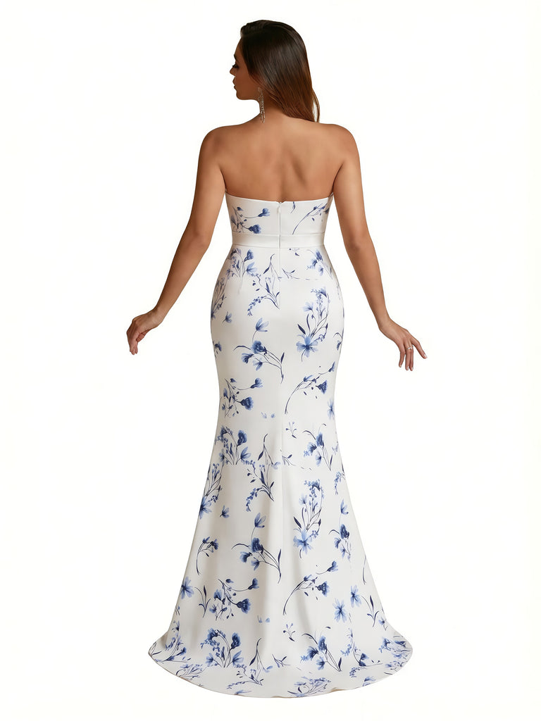 Trendy Sweetheart Strapless Side Slit Mermaid Long Satin Floral Formal Dresses For Women
