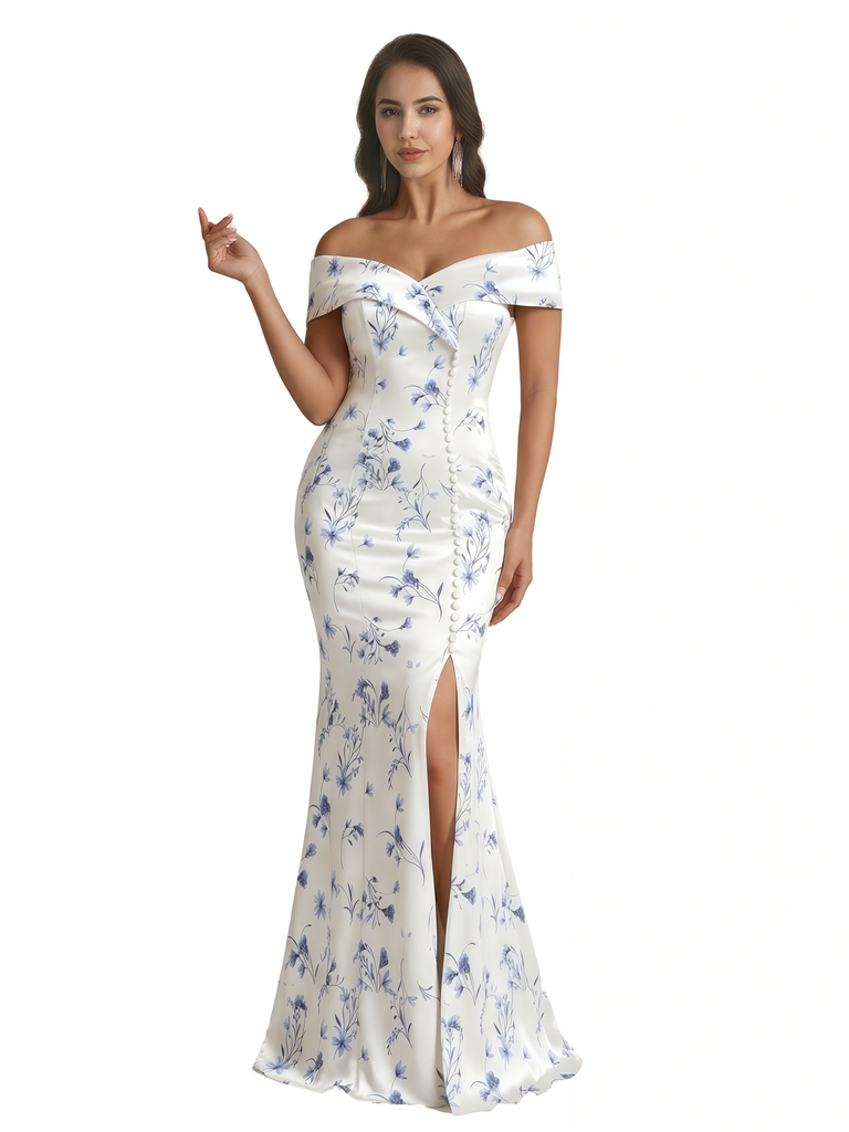 Sexy Off Shoulder Mermaid Long Satin Floral Formal Dresses For Women