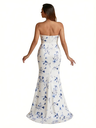 Trendy Sweetheart Strapless Side Slit Mermaid Long Satin Floral Formal Dresses For Women