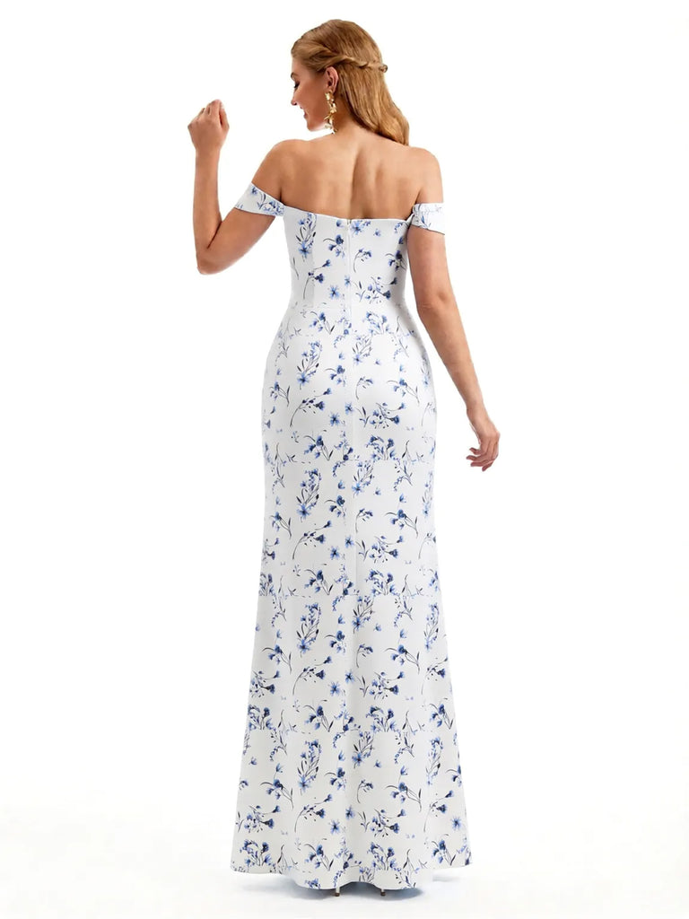 Beautiful Off Shoulder Side Slit Mermaid Floral Satin Maxi Floral Formal Dresses For Women